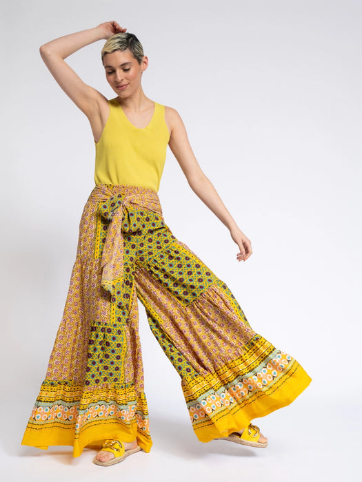 Yellow Print Palazzo Pants With Front Tie