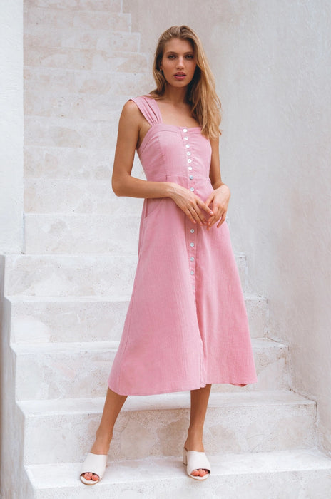 Mira Linen Midi Dress - Rose