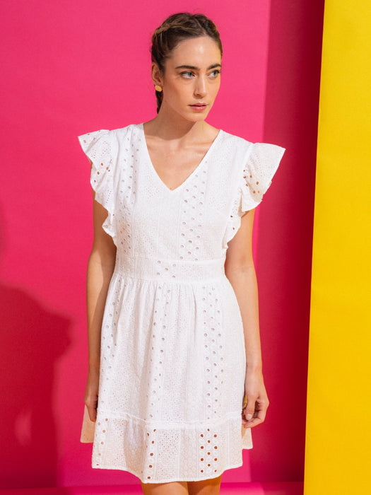 V Neck Ruffle White Crochet Mini Dress