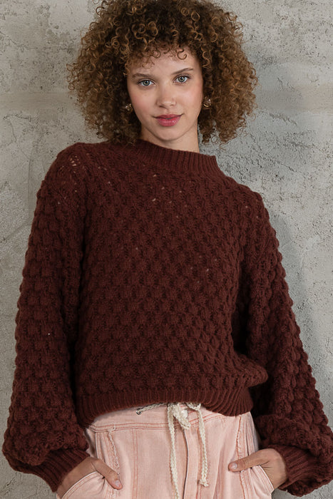 Oversize 3D Knit Pattern Mock Neck Pullover Sweater In Red Bean