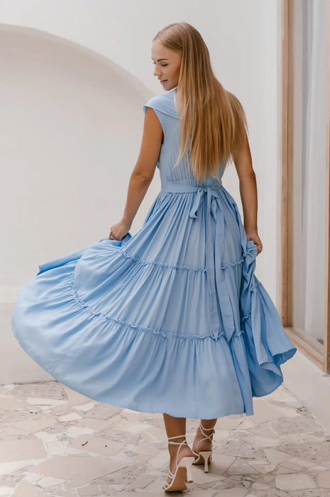 Looking Back Midi Dress In Soft Blue