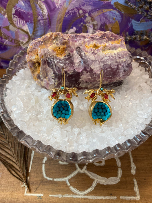 Turkish Pomegranate Turquoise and Garnet Dangle Earrings